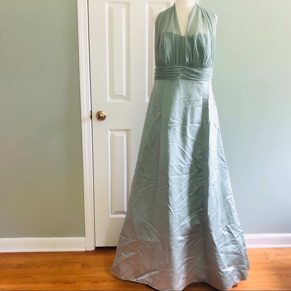 Sage Green, 18, David’s Bridal style 81441, halter